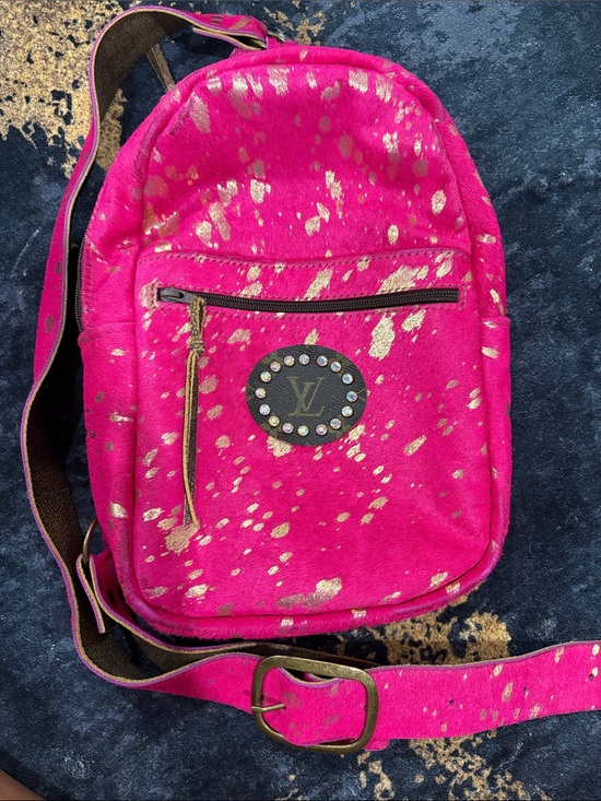 Keep It Gypsy Handbags - Keep It Gypsy Pink Gold Splatter Faux Fur Mini Backpack Crossbody LV Patch
